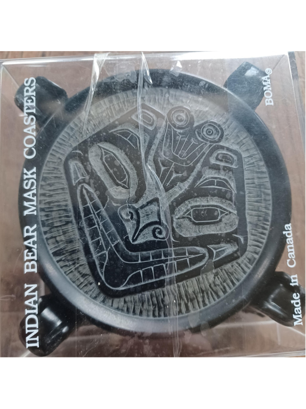 Indian Bear mask coasters made in Canada by Boma x 6 with totem pole holder orig